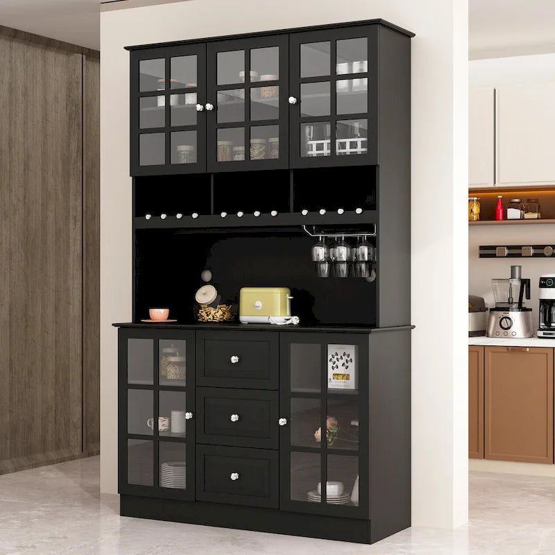 Meuble de Cuisine Haut avec Portes en Verre Trempé, Casier à Bouteilles, Porte-Verres à Pied et 3 Tiroirs