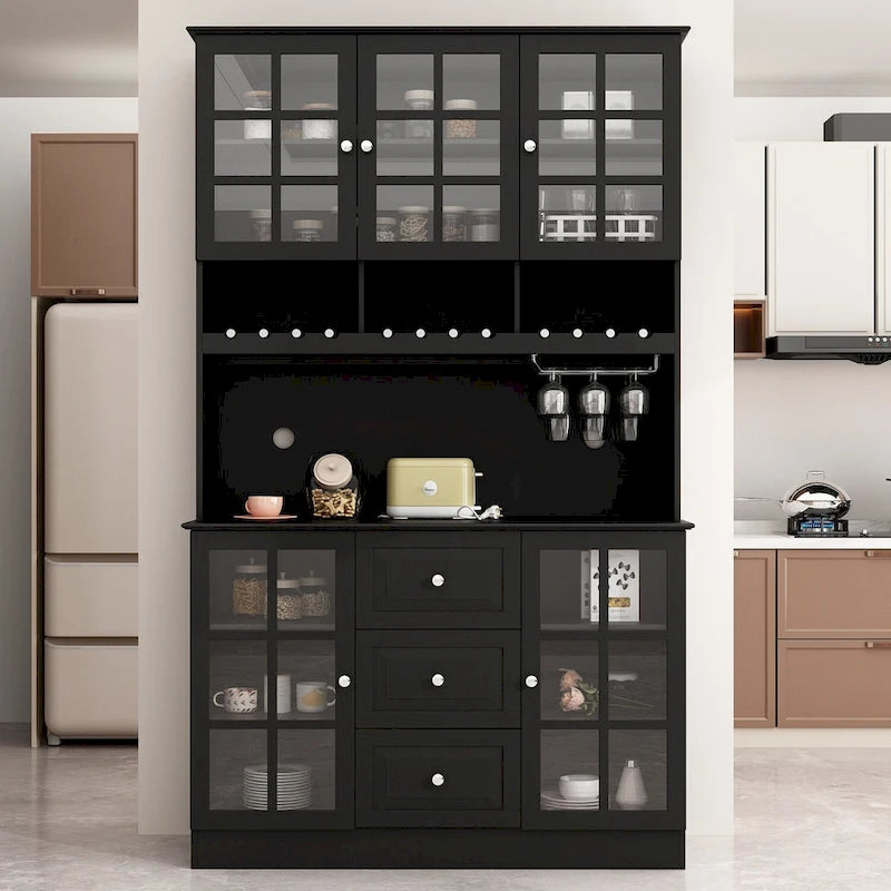 Meuble de Cuisine Haut avec Portes en Verre Trempé, Casier à Bouteilles, Porte-Verres à Pied et 3 Tiroirs