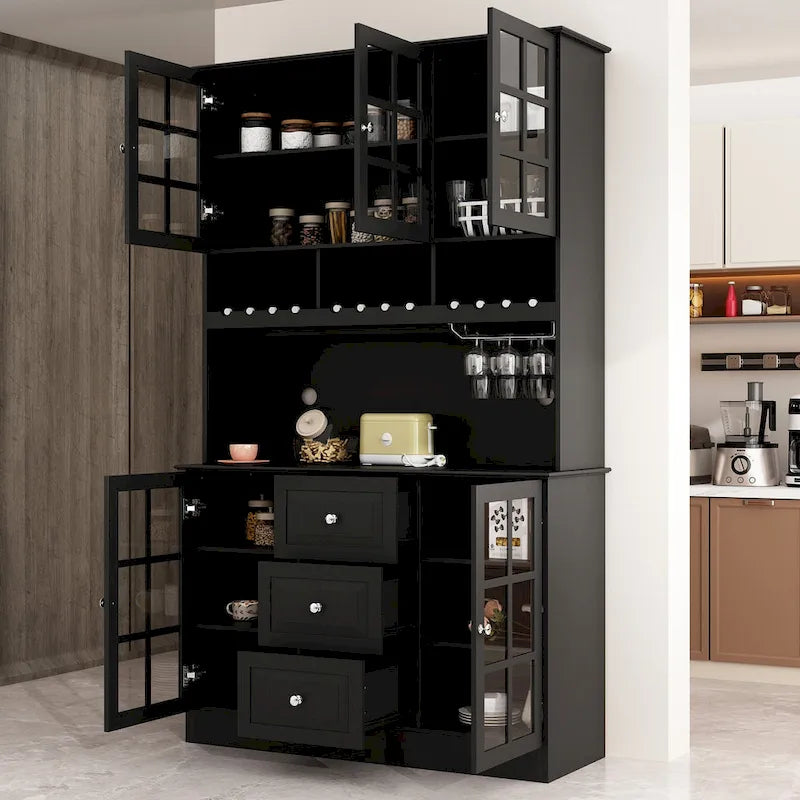 Meuble de Cuisine Haut avec Portes en Verre Trempé, Casier à Bouteilles, Porte-Verres à Pied et 3 Tiroirs