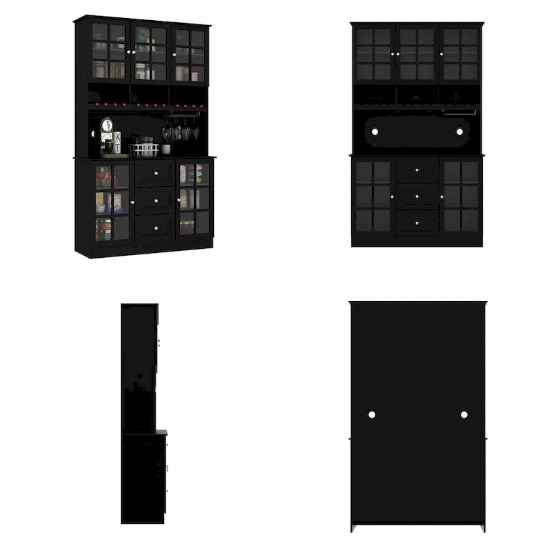 Meuble de Cuisine Haut avec Portes en Verre Trempé, Casier à Bouteilles, Porte-Verres à Pied et 3 Tiroirs