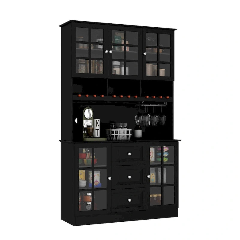 Meuble de Cuisine Haut avec Portes en Verre Trempé, Casier à Bouteilles, Porte-Verres à Pied et 3 Tiroirs