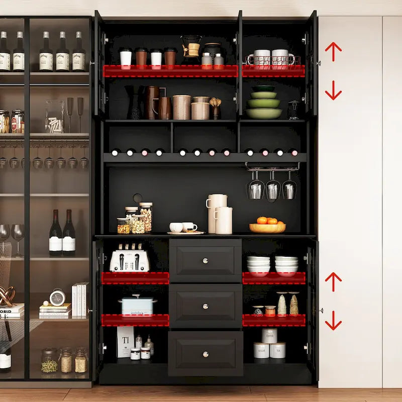 Meuble de Cuisine Haut avec Portes en Verre Trempé, Casier à Bouteilles, Porte-Verres à Pied et 3 Tiroirs