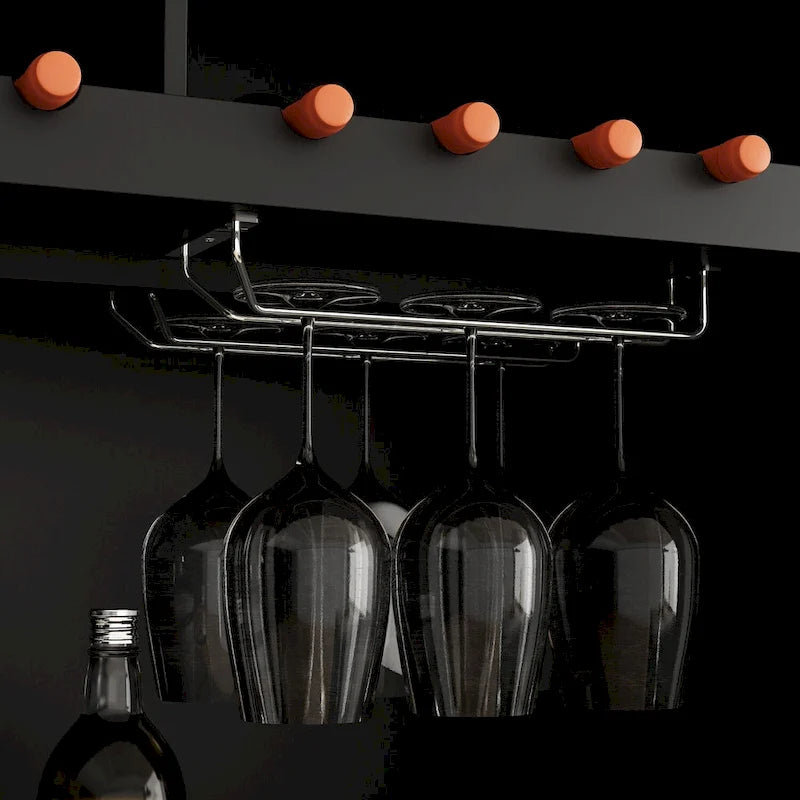 Meuble de Cuisine Haut avec Portes en Verre Trempé, Casier à Bouteilles, Porte-Verres à Pied et 3 Tiroirs
