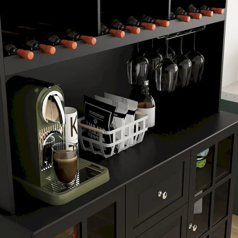Meuble de Cuisine Haut avec Portes en Verre Trempé, Casier à Bouteilles, Porte-Verres à Pied et 3 Tiroirs