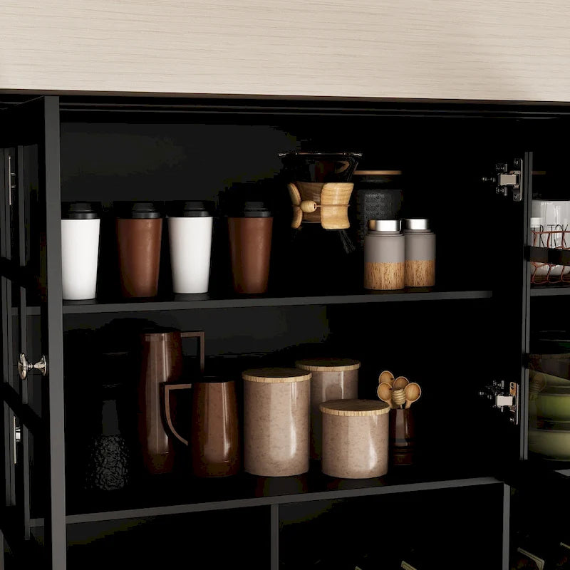 Meuble de Cuisine Haut avec Portes en Verre Trempé, Casier à Bouteilles, Porte-Verres à Pied et 3 Tiroirs