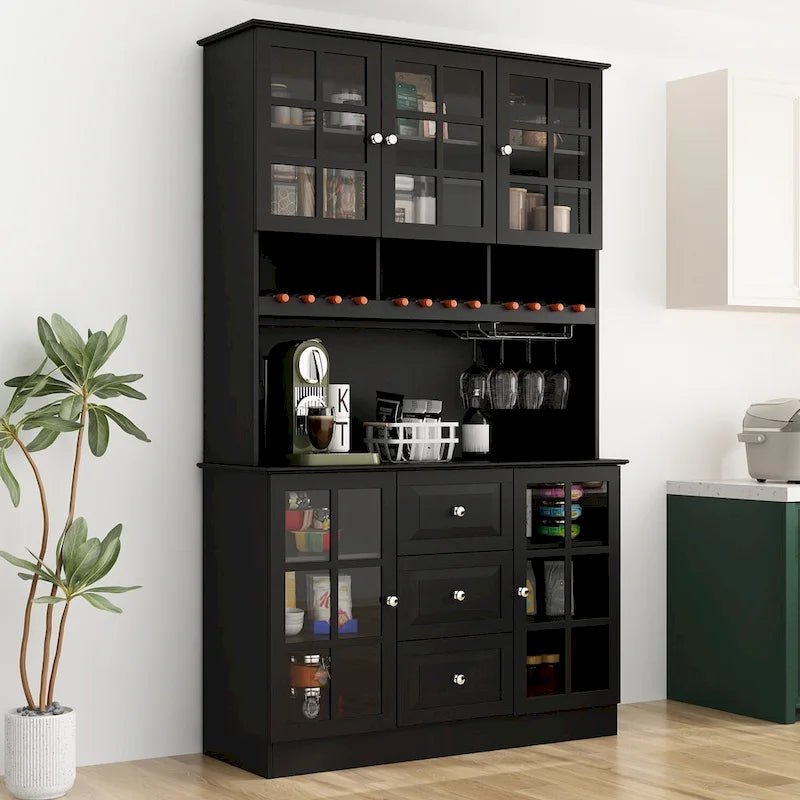 Meuble de Cuisine Haut avec Portes en Verre Trempé, Casier à Bouteilles, Porte-Verres à Pied et 3 Tiroirs