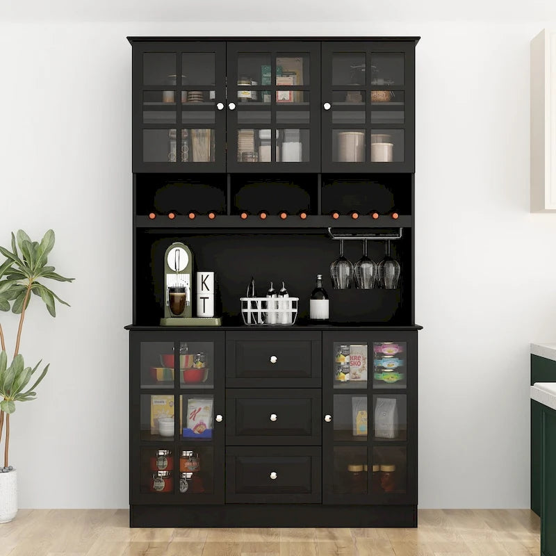 Meuble de Cuisine Haut avec Portes en Verre Trempé, Casier à Bouteilles, Porte-Verres à Pied et 3 Tiroirs