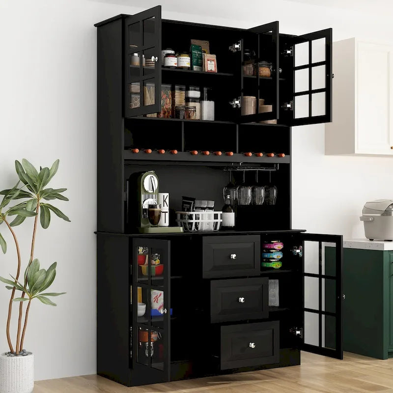 Meuble de Cuisine Haut avec Portes en Verre Trempé, Casier à Bouteilles, Porte-Verres à Pied et 3 Tiroirs