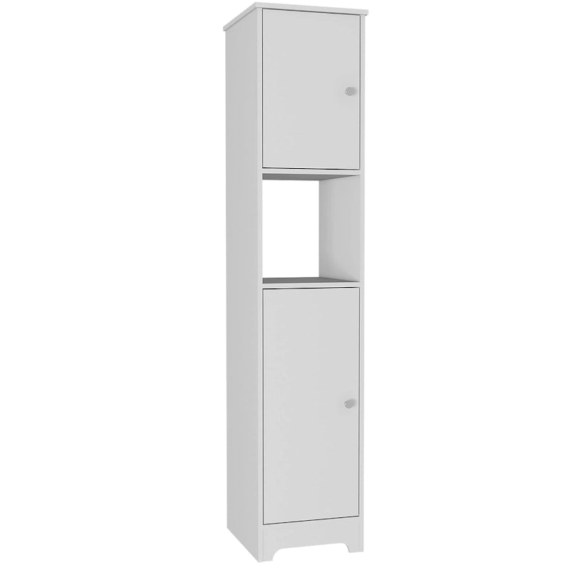 Armoire colonne étroite en lin avec 2 portes simples et une étagère centrale ouverte