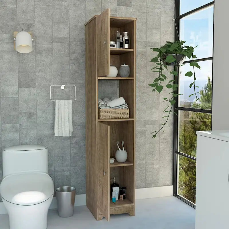 Armoire colonne étroite en lin avec 2 portes simples et une étagère centrale ouverte