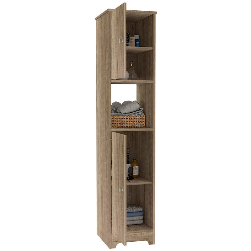 Armoire colonne étroite en lin avec 2 portes simples et une étagère centrale ouverte