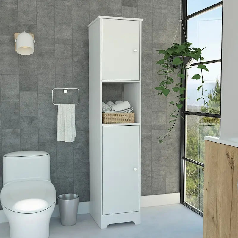 Armoire colonne étroite en lin avec 2 portes simples et une étagère centrale ouverte