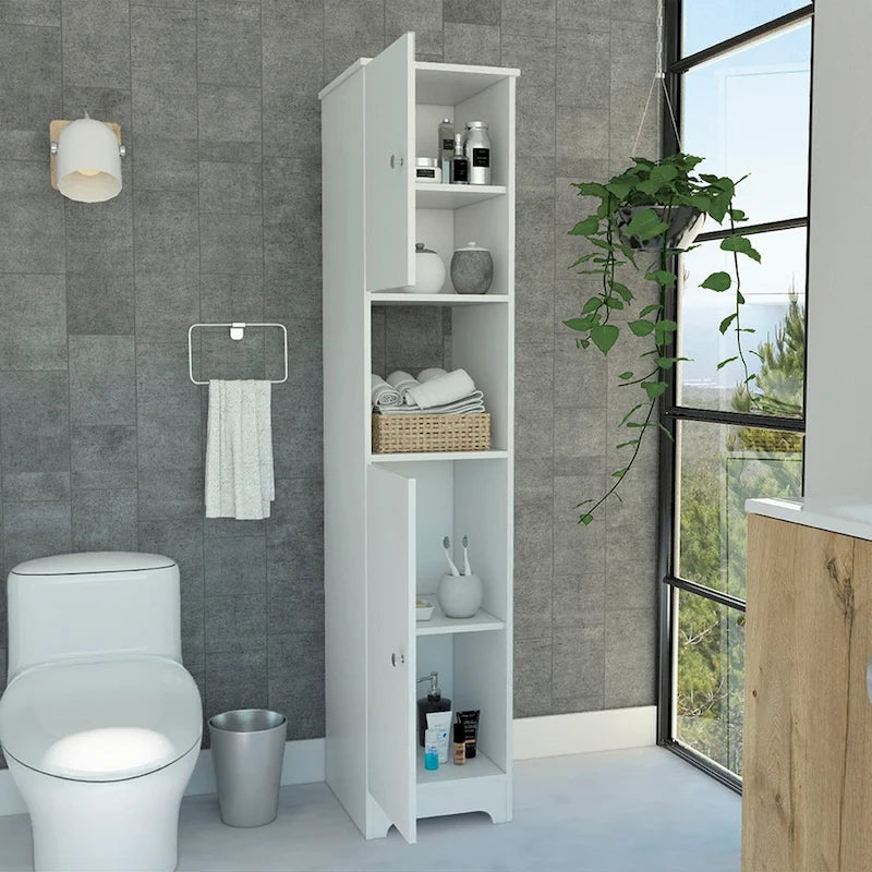 Armoire colonne étroite en lin avec 2 portes simples et une étagère centrale ouverte