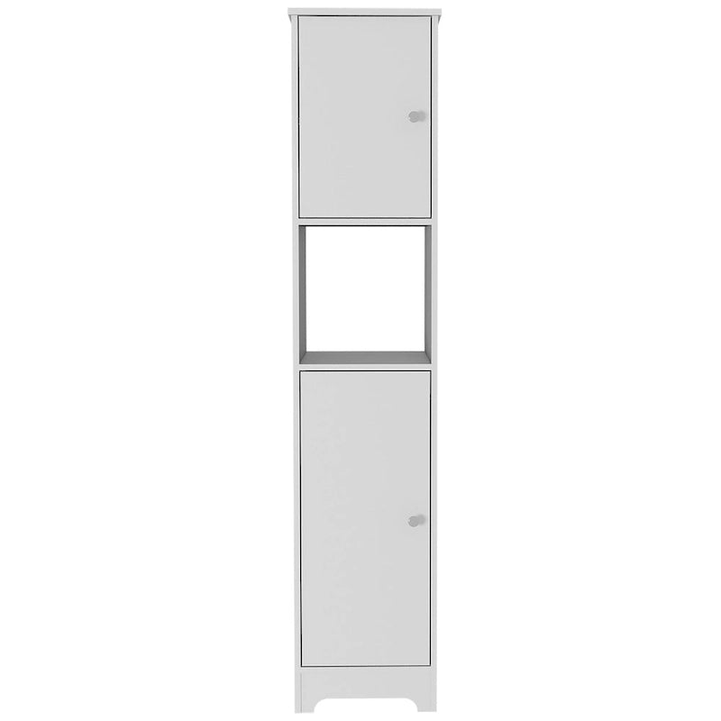 Armoire colonne étroite en lin avec 2 portes simples et une étagère centrale ouverte