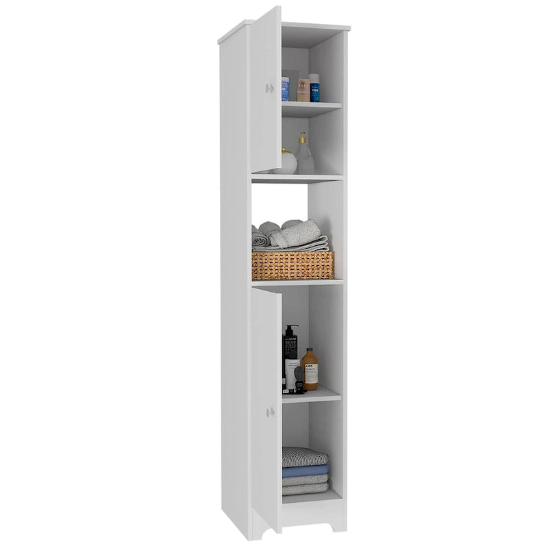 Armoire colonne étroite en lin avec 2 portes simples et une étagère centrale ouverte