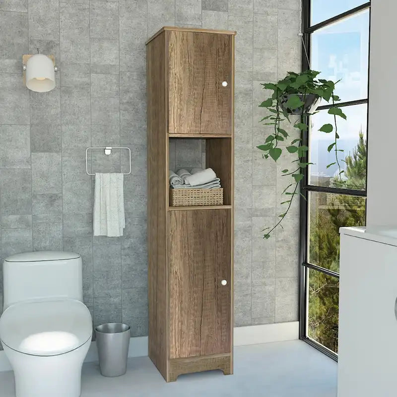 Armoire colonne étroite en lin avec 2 portes simples et une étagère centrale ouverte