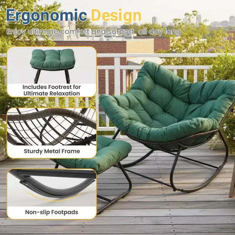 Heynemo Patio Rocking Chair with Ottoman, Outdoor Indoor Rocking Egg Chair with Cushions, Metal Lounge Chair Oversized Papasan Chair, Reading Chair