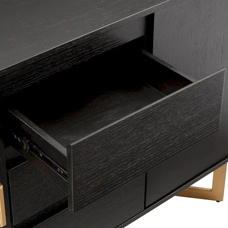 Buffet en chêne noir avec 3 tiroirs centraux, 2 armoires à portes et pieds en métal doré