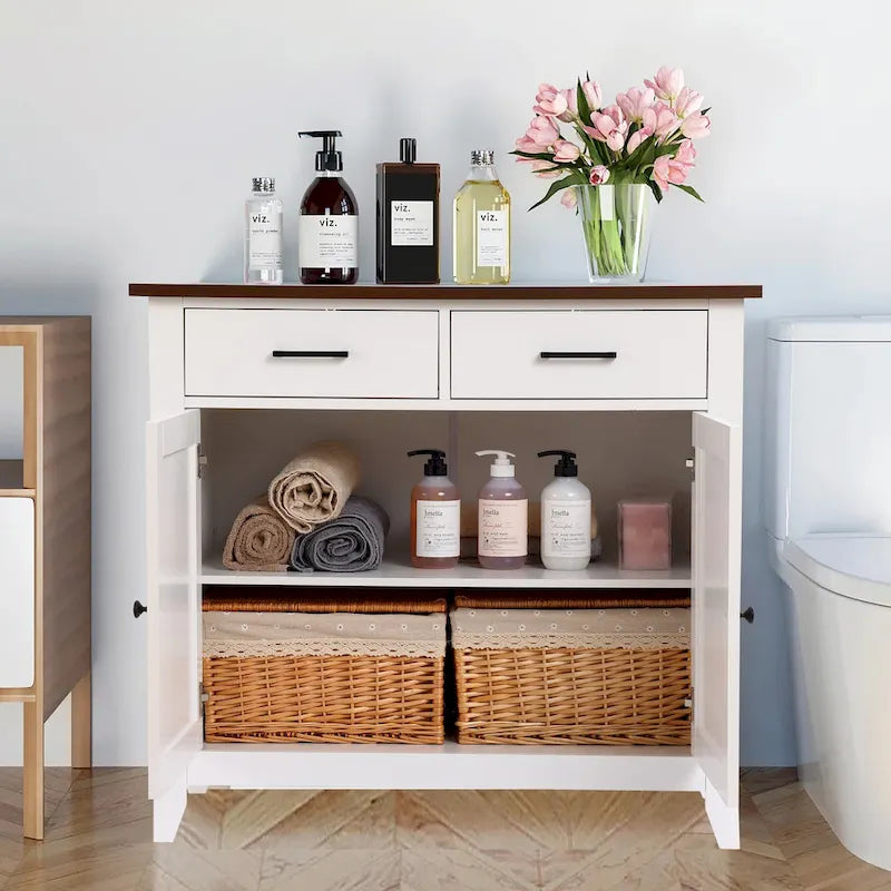 Buffet de rangement blanc à 2 tiroirs et 2 portes avec plateau en noyer