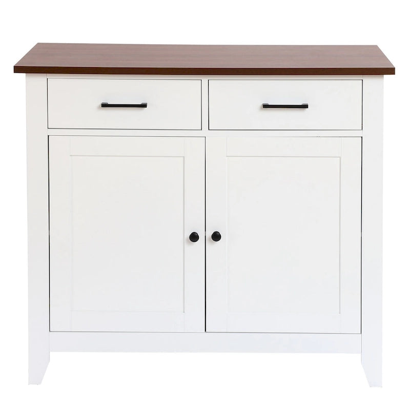Buffet de rangement blanc à 2 tiroirs et 2 portes avec plateau en noyer