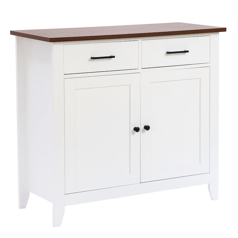 Buffet de rangement blanc à 2 tiroirs et 2 portes avec plateau en noyer