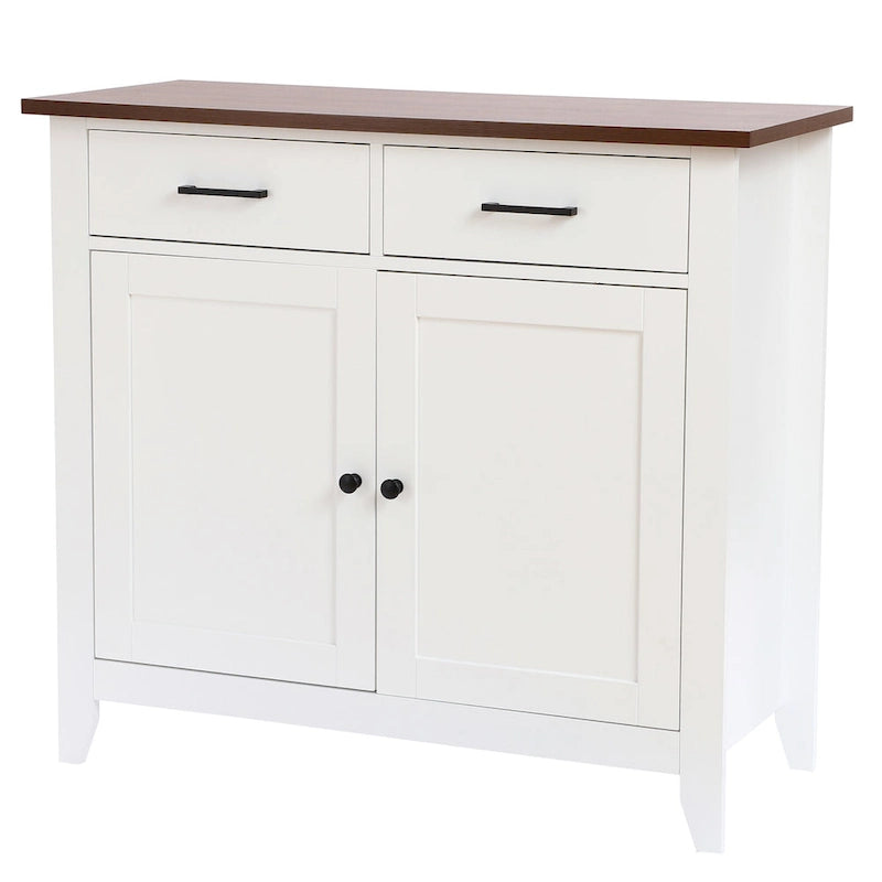 Buffet de rangement blanc à 2 tiroirs et 2 portes avec plateau en noyer