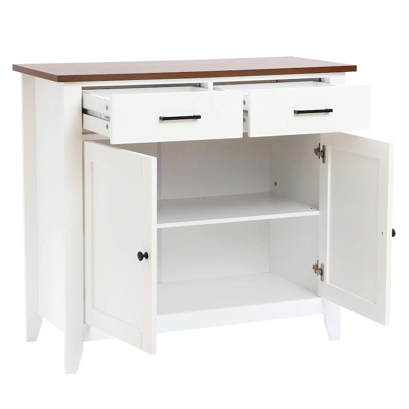 Buffet de rangement blanc à 2 tiroirs et 2 portes avec plateau en noyer