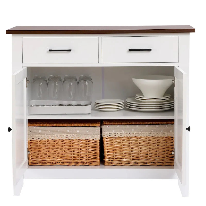 Buffet de rangement blanc à 2 tiroirs et 2 portes avec plateau en noyer