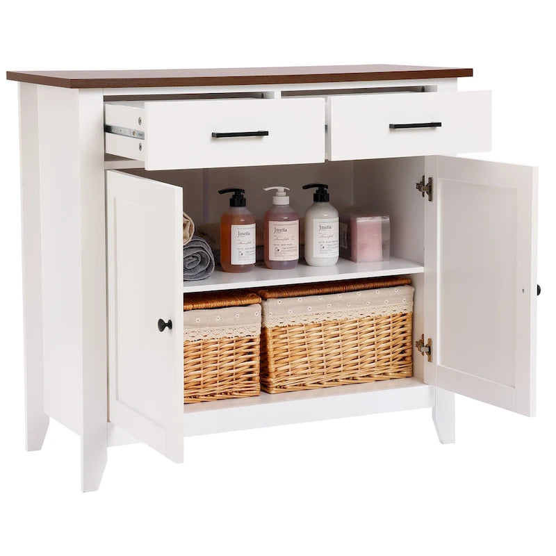 Buffet de rangement blanc à 2 tiroirs et 2 portes avec plateau en noyer