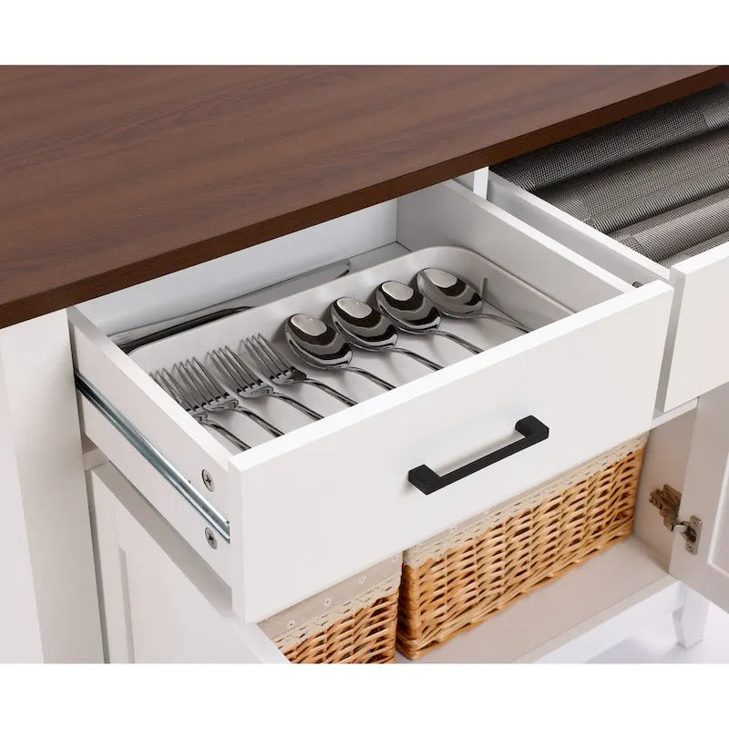 Buffet de rangement blanc à 2 tiroirs et 2 portes avec plateau en noyer