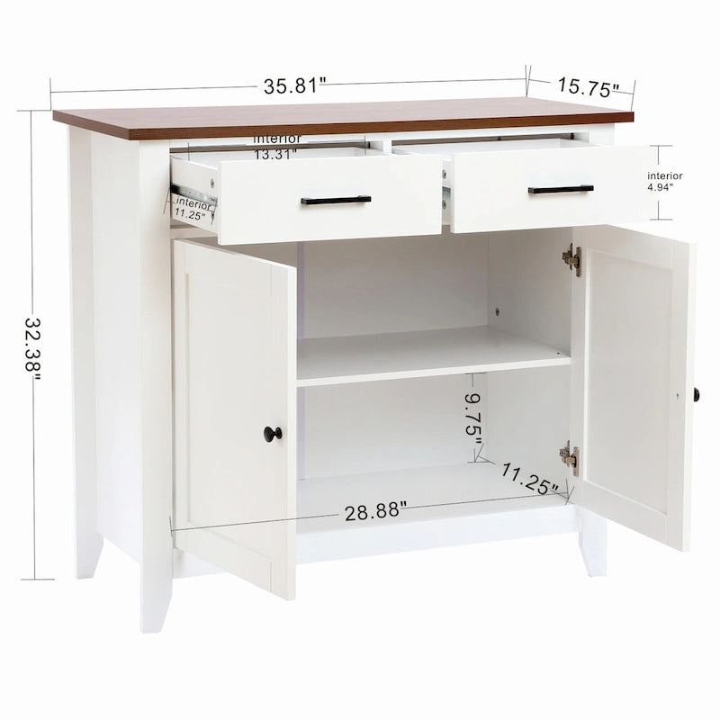 Buffet de rangement blanc à 2 tiroirs et 2 portes avec plateau en noyer