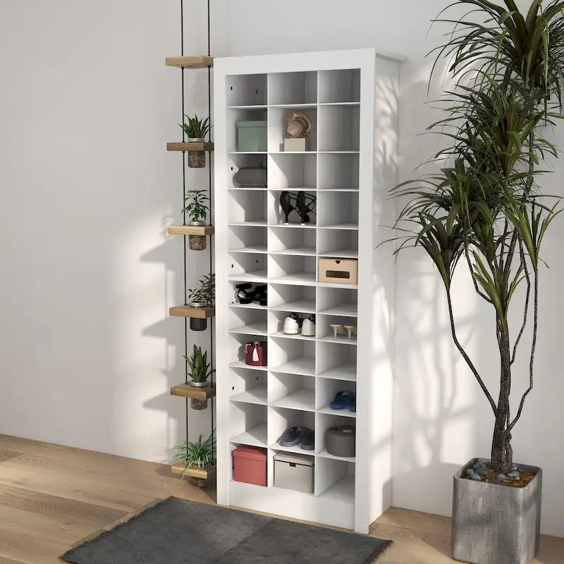 Meuble de rangement à chaussures haut blanc pour entrée avec 36 casiers ouverts