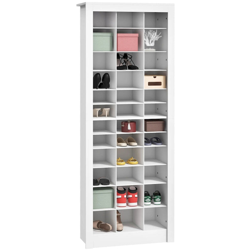 Meuble de rangement à chaussures haut blanc pour entrée avec 36 casiers ouverts