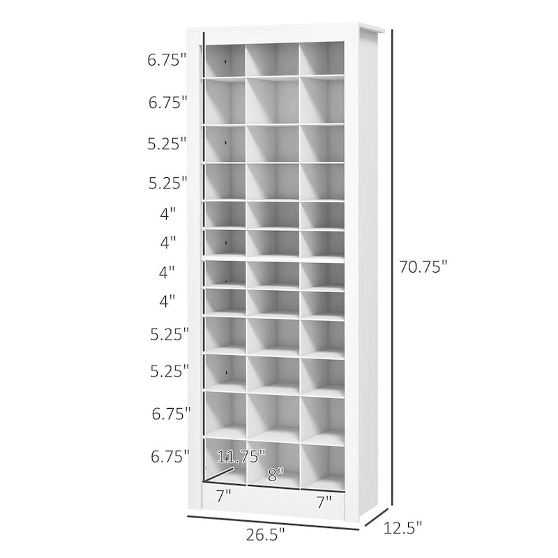 Meuble de rangement à chaussures haut blanc pour entrée avec 36 casiers ouverts
