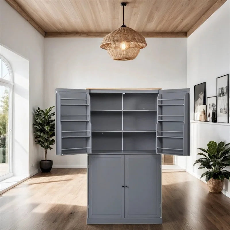 Grand garde-manger de cuisine autoportant avec 4 portes, étagères de porte et étagères intérieures réglables