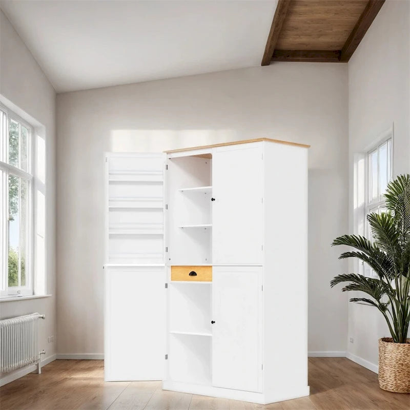 Grand garde-manger de cuisine autoportant avec 4 portes, étagères de porte et étagères intérieures réglables