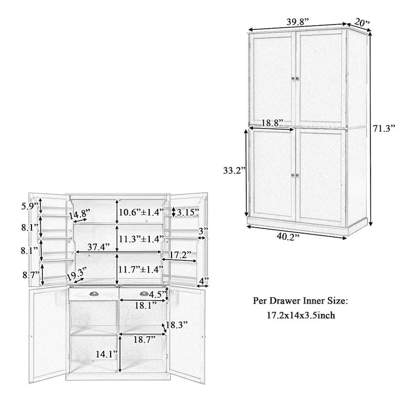 Grand garde-manger de cuisine autoportant avec 4 portes, étagères de porte et étagères intérieures réglables
