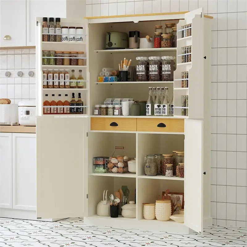Grand garde-manger de cuisine autoportant avec 4 portes, étagères de porte et étagères intérieures réglables