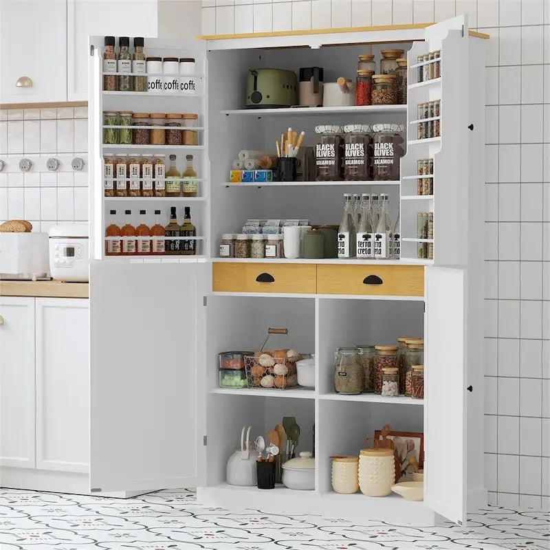Grand garde-manger de cuisine autoportant avec 4 portes, étagères de porte et étagères intérieures réglables