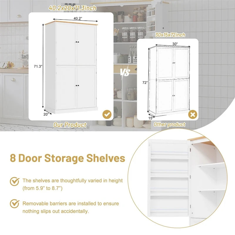 Grand garde-manger de cuisine autoportant avec 4 portes, étagères de porte et étagères intérieures réglables