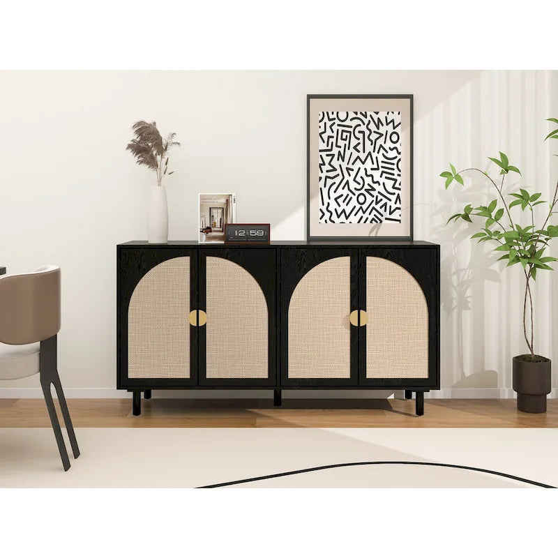 Buffet 4 portes avec panneaux en rotin arqués et pieds en bois massif