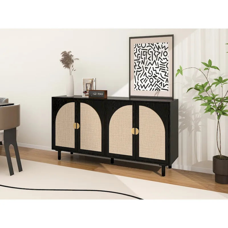 Buffet 4 portes avec panneaux en rotin arqués et pieds en bois massif