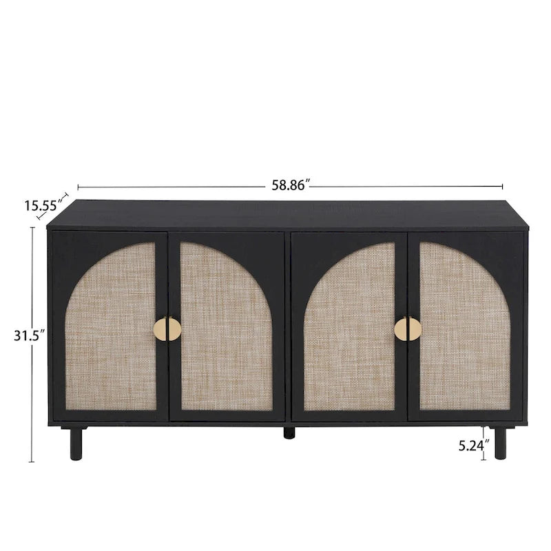 Buffet 4 portes avec panneaux en rotin arqués et pieds en bois massif