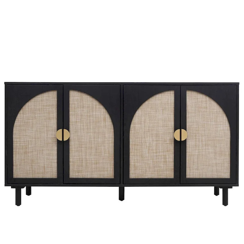 Buffet 4 portes avec panneaux en rotin arqués et pieds en bois massif