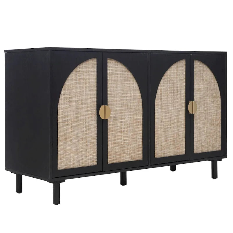 Buffet 4 portes avec panneaux en rotin arqués et pieds en bois massif
