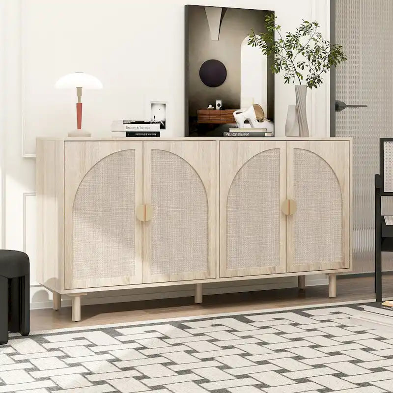 Buffet 4 portes avec panneaux en rotin arqués et pieds en bois massif