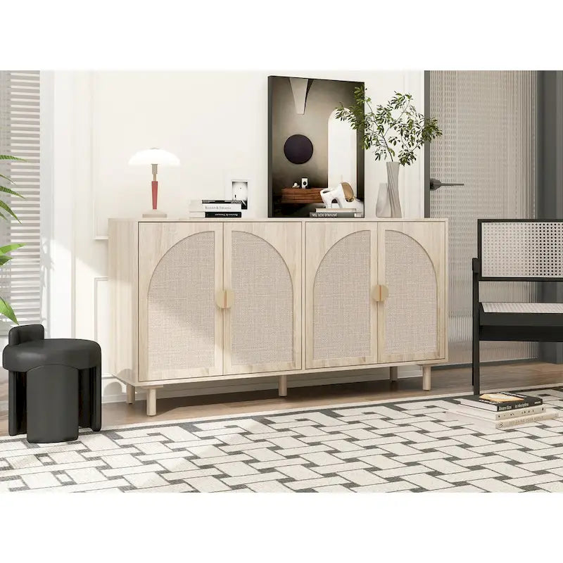 Buffet 4 portes avec panneaux en rotin arqués et pieds en bois massif