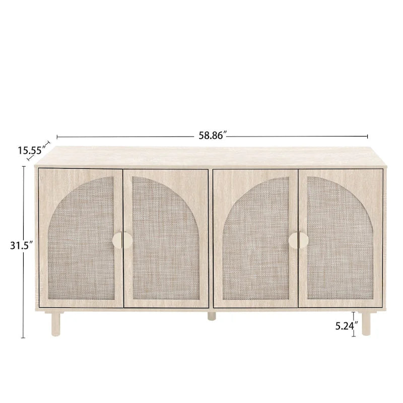 Buffet 4 portes avec panneaux en rotin arqués et pieds en bois massif