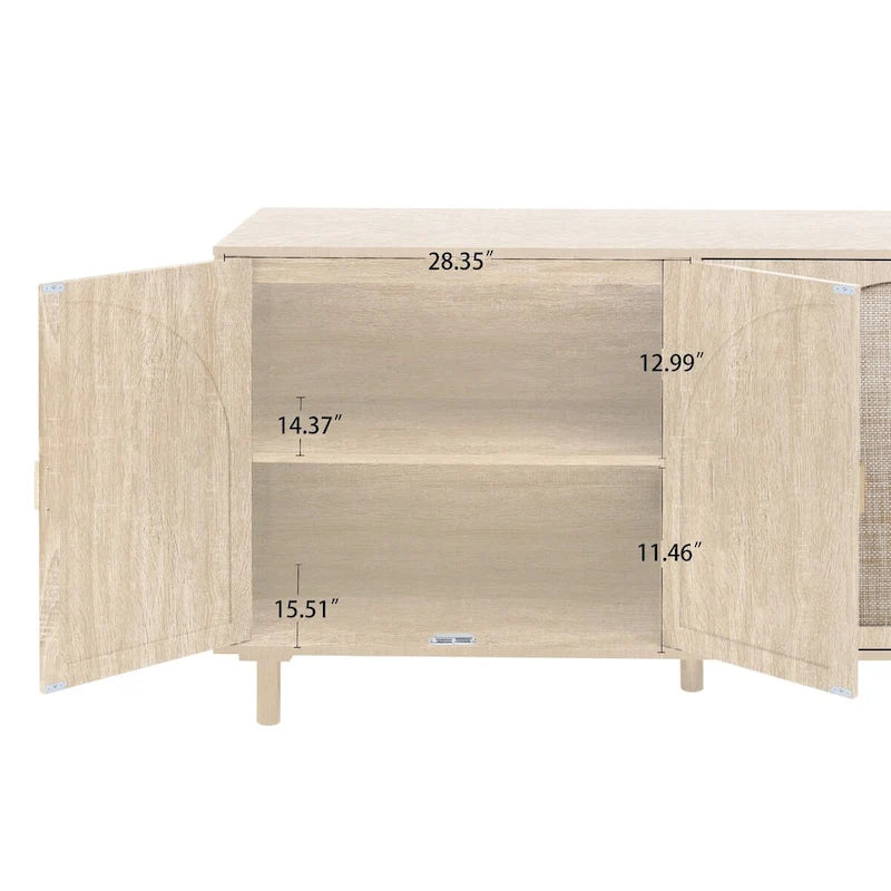 Buffet 4 portes avec panneaux en rotin arqués et pieds en bois massif