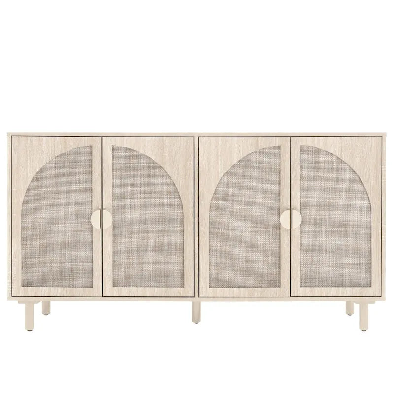 Buffet 4 portes avec panneaux en rotin arqués et pieds en bois massif